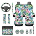 thumbnail image 1 of Jeiento Tropical Flowers Car Seat Cover Full Set 13 Pcs Auto Interior Accessories with Steering Wheel Cover, Seat Belt Pads, Armrest Cushion, Coasters, Keychain Gifts for Friends, 1 of 8