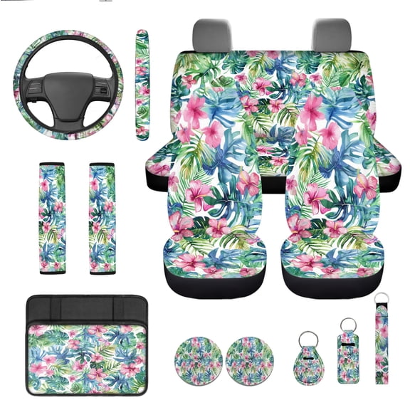 Jeiento Tropical Flowers Car Seat Cover Full Set 13 Pcs Auto Interior Accessories with Steering Wheel Cover, Seat Belt Pads, Armrest Cushion, Coasters, Keychain Gifts for Friends