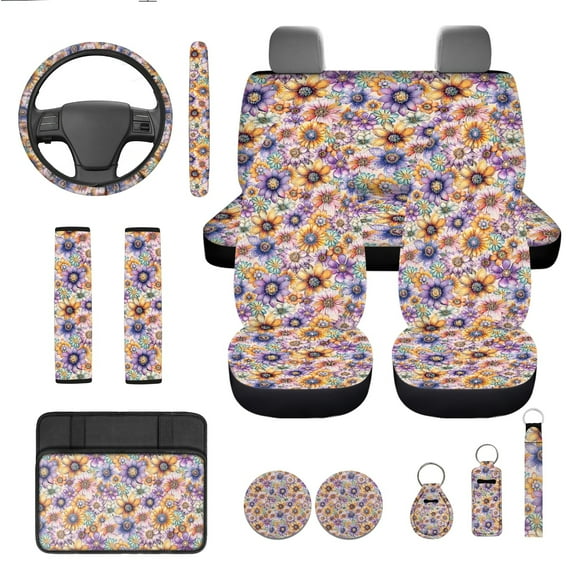 Jeiento Tropical Flowers Car Seat Covers Front Rear Split Bench Full Set Steering Wheel Seat Belt Pads Coasters Armrest Pad Keychain Chapstick Holder, Purple 13 PCS Automobile Interior Sets