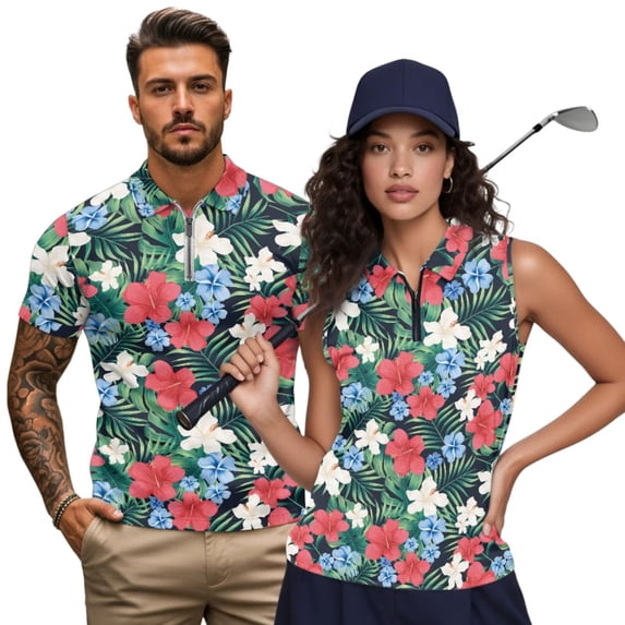 Jeiento Tropical Hibiscus Floral Matching Golf Shirts for Couples Men's Short Sleeve Golf Shirt Women's Sleeveless Tennis Tank Top Quick Dry Moisture Wicking Summer Couple Golf Outfit Activewear Set