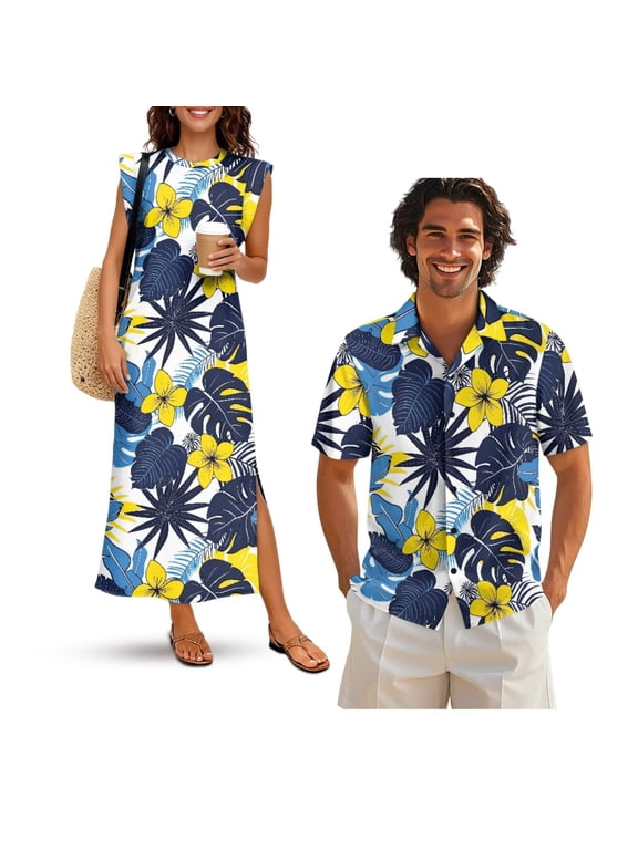 Tropical Leaves Matching Beach Outfits for Couples Men Summer Shirts Beach Dresses for Women Hawaiian Dress Tropical Vacation Outfits Sleeveless Slit Maxi Dress
