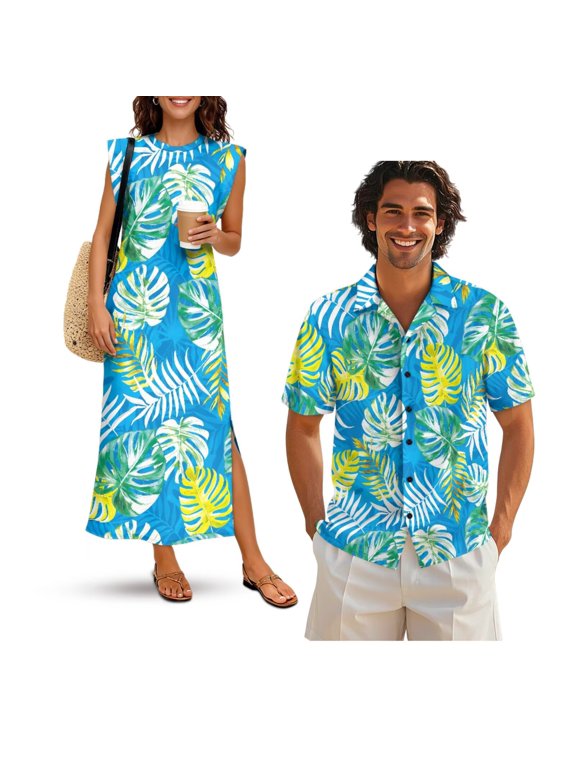 Tropical Leaves His and Hers Matching Outfits Mens Summer Shirts Hawaiian Dress for Women Business Maxi Dress Blue Summer Sleeveless Work Pencil Skirt Matching Cruise Outfits for Couples