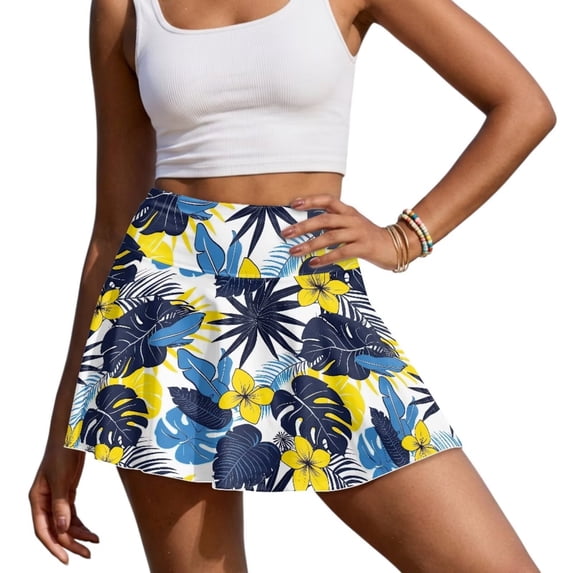 Jeiento Tropical Palm Leaves Women's Athletic Skort Soft Tennis Skirts High Waisted Skorts Running Workout Shorts with Pocket Size XL