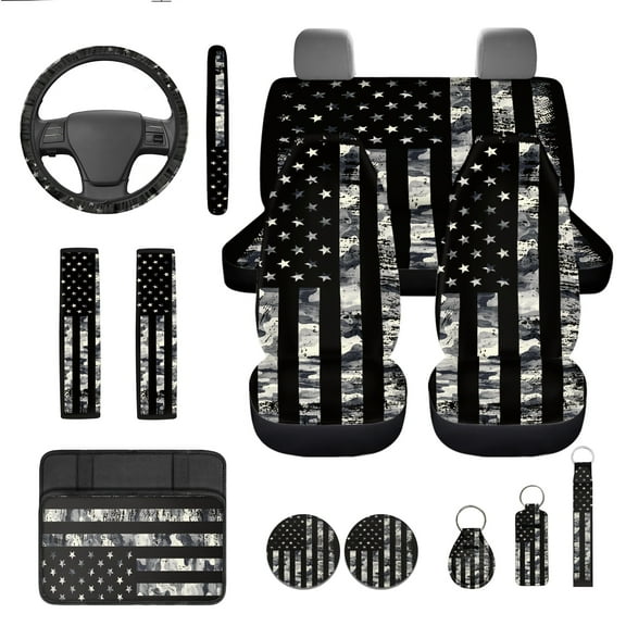 Jeiento USA Flag Car Seat Cover Full Set of 13 Steering Wheel Cover Seatbelt Pad Armrest Cover Cushion Coasters Key Chain for SUV Van Truck Sedan Auto Interior Sets Easy Install Clean
