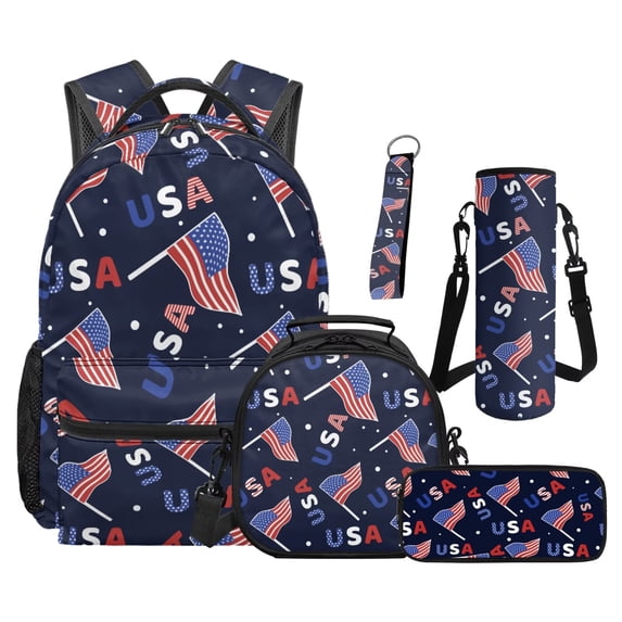 Jeiento USA Flag Print Backpack And Lunch Box Set 5-Piece for Elementary Boys Girls 16" School Backpack, Lunch Bag, Pencil Case, Water Bottle Holder, Keychain, Back to School Supplies