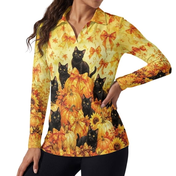 Jeiento V Neck Women's Golf Shirts, Fall Black Cat Pumpkin Training Tops, Long Sleeve Moisture Wicking Quick Dry Sun Protection Top for Gym, Workout and Tennis