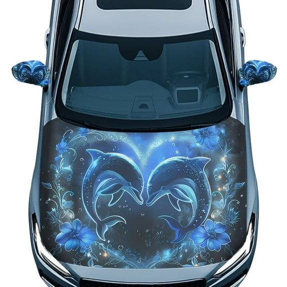 Jeiento Valentine's Day Dolphin Heart Car Hood Cover Pack with Mirror Covers Set of 3 Easy to Install Dismantle and Clean Vehicles Decorate Accessories View Mirror Cover with Two Buckles