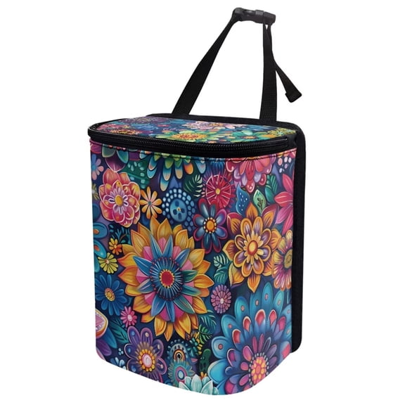 Jeiento Vintage Boho Flower Car Trash Can with Lid Leak Proof Auto Trash Bag Hanging Vehicle Garbage Can Multipurpose Storage Container for Back Seat Road Trip