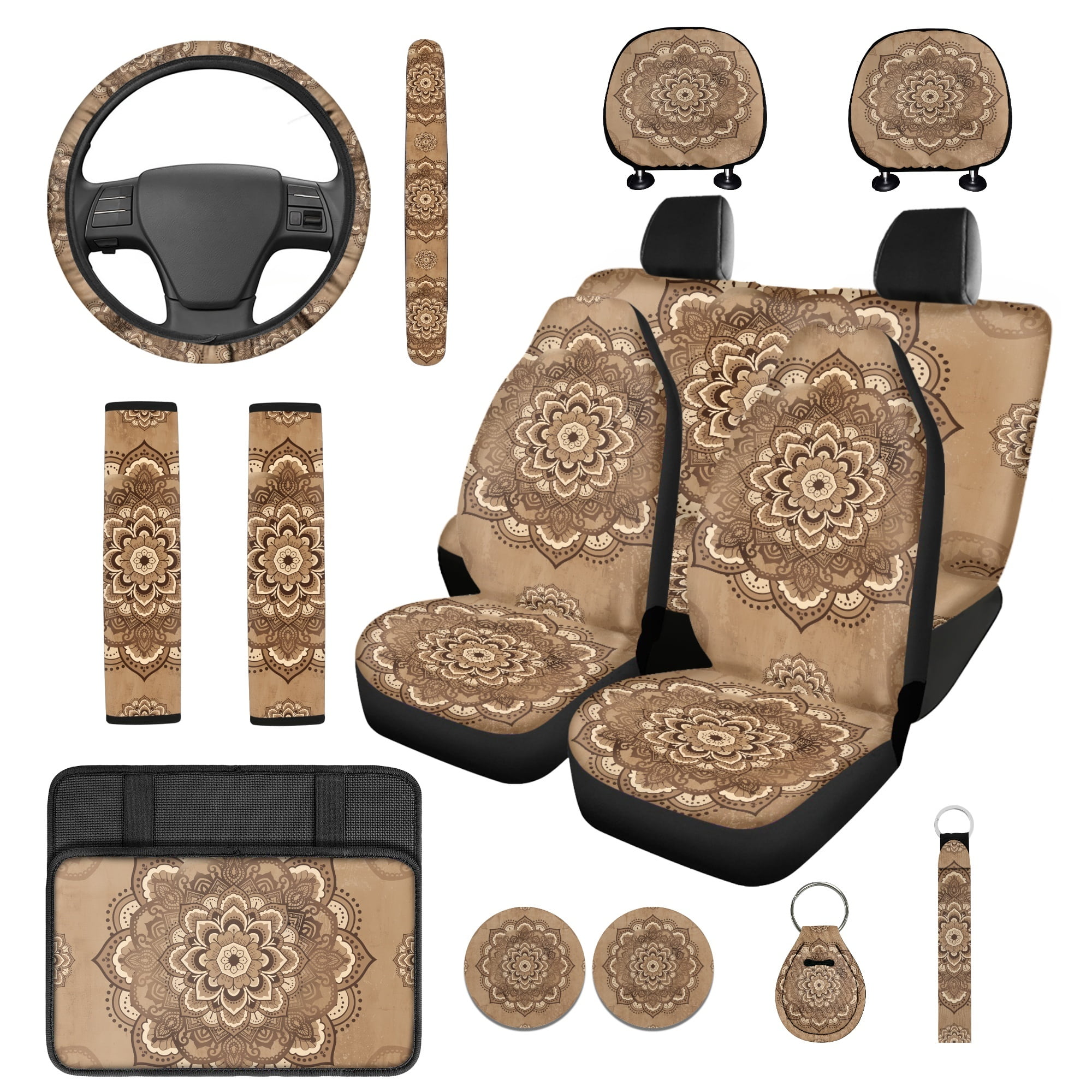 Jeiento Vintage Boho Mandala Front Back Seat Cover Set of 14 Steering Wheel Cover Seat Belt Pad Armrest Cover Pad Head Rest Covers Coasters Keychain Fit for SUV Van Truck Sedan