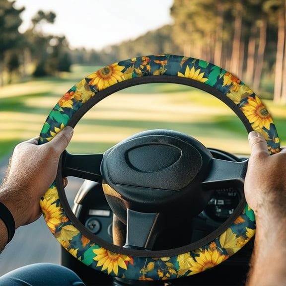Jeiento Vintage Sunflower Golf Cart Steering Wheel Cover Absorbing Sweat Small Steering Wheel Cover 13 To 14 Sun Reflective Protector Golf Cart Accessories Decoration