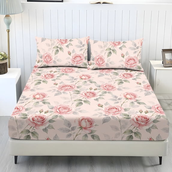 Jeiento Watercolor Pink Rose Bedding Collection, Soft Breathable Bed Sheet Set with 2 Pillow Covers, Wrinkle Resistant Floral Printed Fitted Bedding Set for Bedroom, King Size