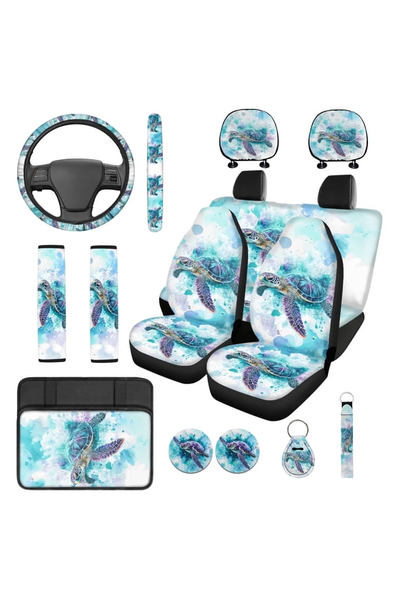 Watercolor Sea Turtle 14 PCS Car Seat Covers and Steering Wheel Cover Seatbelt Strap Pad Armrest Cover Pad Headrest Cover Cup Coasters Key Ring Auto Accessory Sets