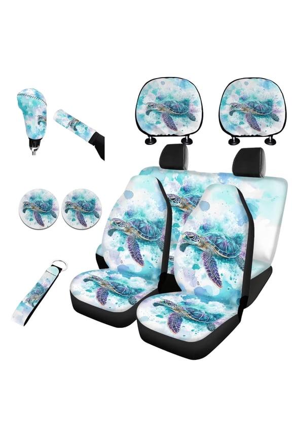 Watercolor Sea Turtle Car Seat Covers Set with Auto Seat Covers Headrest Cover Coasters Keychain Handbrake Cover Gear Shift Knob Cover 11 Pieces Universal Auto Accessories Decor