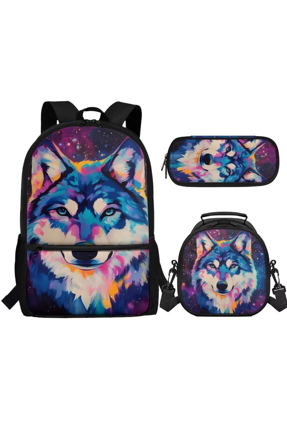 Watercolor Wolf Backpack for School Boys 6-8 8-10 10-12 Elementary School Bag with Lunch Box Pencil Case Preschool Middle Bookbag Back Packs for Kids Boys Daycare Satchel Bagpack