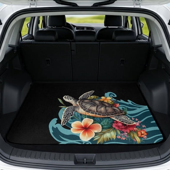 Jeiento Wave Plumeria Sea Turtle Car Trunk Mat 29"x39", Universal Scratch Resistant Rear Cargo Liner Fits Most Vehicles