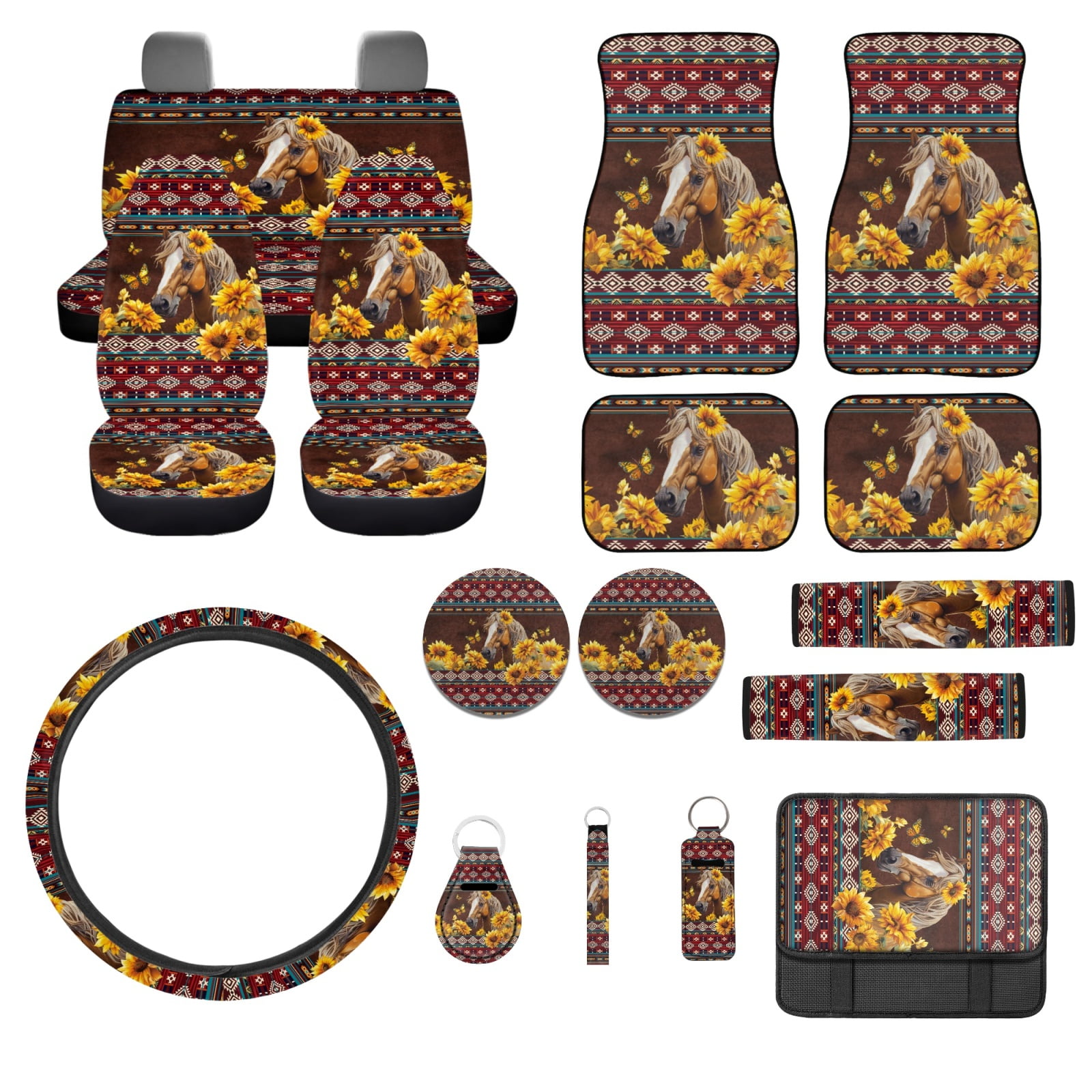 Jeiento Western Horse Car Accessories Sets with Car Seat Covers Car Floor Mats Steering Wheel Cover Seatbelt Pad Auto Armrest Cover Coasters Keychains Lipstick Holder Aztec Interior Decor 17 Pack