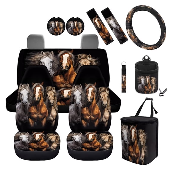 Jeiento Western Horse Car Seat Cover Set with Auto Steering Wheel Cover Seat Belt Strap Pads Cup Holder Trash Bag Air Vent Storage Bag Keychain 12 PCS Interior Auto Accessory Decoration Black