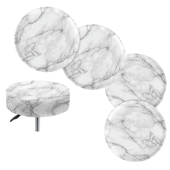 Jeiento White Marble Print Bar Stool Seat Covers Polyester Round Stool Slipcover Anti-Slip Round Stool Covers Office Chair Protective Sleeve Decor, Size L, 4 Pack