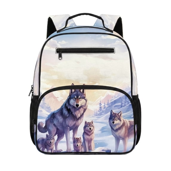 Jeiento Wild Wolf Lightweight Toddler Backpack for Preschool, 13.5 Inch Kids School Bag for 2-5 Year Old Boys, Bookbag with 2 Side Mesh Pockets