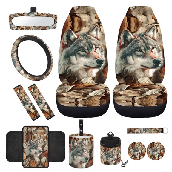 Jeiento Wolf 12 PCS Car Accessories Front Car Seat Covers Set Steering Wheel Seat Belt Covers Camo Hunting Armrest Pad Trash Bin Sunglass Pocket Rear View Mirror Cover Cup Coasters Keychain