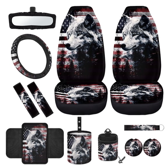 Jeiento Wolf 12 Pcs Car Seat Covers Set, Front Car Seat Protector Steering Wheel Cover Seat Belt Pads Armrest Pad Trash Bin Sunglass Pocket American Flag Rear View Mirror Cover Coasters Keychain