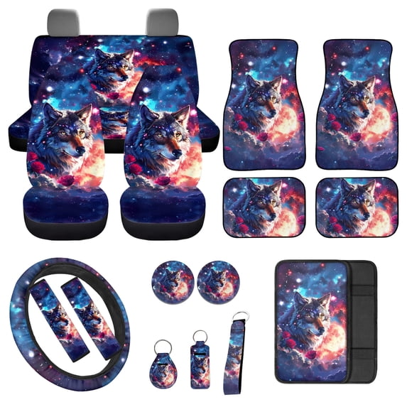 Jeiento Wolf 17 Pcs Seat Cover Full Sets, Front Rear Covers, Floor Mats, Galaxy Sky Steering Wheel Cover, Armrest Pad, Seat Belt Pads, Coaster - Universal Fit Car Interior Accessories