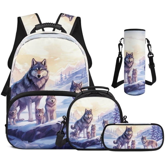 Jeiento Wolf 4 Piece Kids Backpack Set 17 Inch Large Capacity Bookbag with Lunch Box Pencil Case Water Bottle Holder, Breathable Schoolbag for Boys 8-12 Middle School