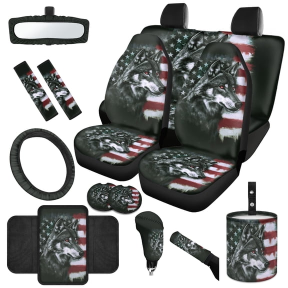 Jeiento Wolf Auto Accessories Set 14 Pcs Car Seat Cover Protector Steering Wheel Cover Seat Belt Covers Armrest Cushion American Flag Trash Can Rearview Mirror Protector Handbrake Cover Set Coasters