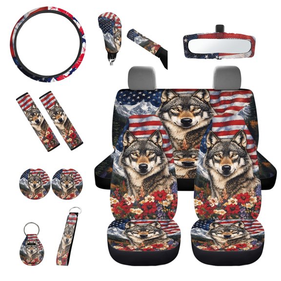 Jeiento Wolf Auto Seat Cover Full Set USA Flag Car Steering Wheel Cover Flower Seat Belt Covers Universal Handbrake Cover Set Coasters Keychains Car Rear View Mirror Protector 14 Pack
