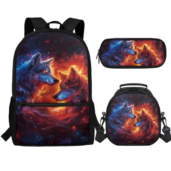 Jeiento Wolf Backpack for Kids 6-8/8-10 with Lunch Box 3 in 1 Elementary School Bookbags for 1st Grade Boys and Lunchbox Set Back Pack Lunch Bag Pencil Case Primary Book Bags Back Pack Abstract Fire