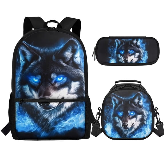 Jeiento Wolf Backpack with Lunch Box for Boys 8-12 Elementary School Bag Bookbag and Lunch Bag Pencil Case Set 3 In 1 Middle High School Back Packs Purse Travel Daypack Blue Flame