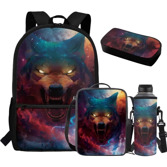 Jeiento Wolf Backpack for Boys Bookbag Ages 8-10 with Lunchbox 4 Piece School Bag Set 5th Grade Kids Book Bag Travel Rucksack