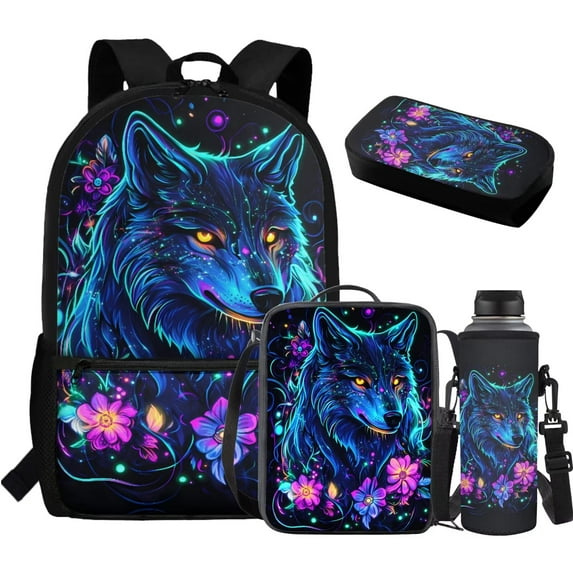 Jeiento Wolf Backpack for Boys with Lunch Box Pencil Case Water Bottle Book Bag for Kids 8-12 Middle Elementary School Bag Purple Flower Shoulder Bag