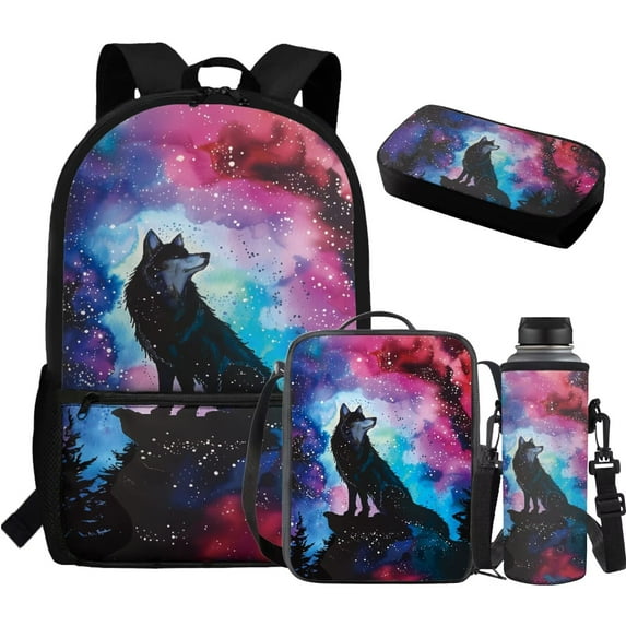 Jeiento Wolf Backpacks for Boys 10-12 Kids Backpack Elementary School Casual Daypack Travel Rucksack with Lunch Bag Pencil Case Bottle Sleeve Galaxy Sky Night