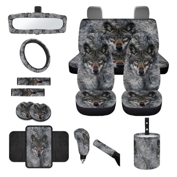 Jeiento Wolf Car Accessories Sets 14pcs Car Seat Cover Protector Steering Wheel Cover Seatbelt Pads Auto Armrest Cover Trash Bin Rearview Mirror Cover Handbrake Cover Set Coasters for Van Truck