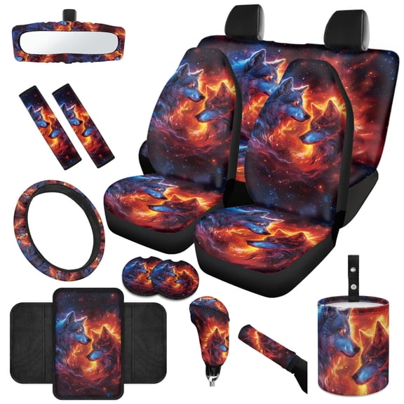 Jeiento Wolf Car Front Back Seat Covers with Steering Wheel Cover Seat Belt Pad Garbage Bin Abstract Fire Armrest Cover Pad Rearview Mirror Cover Handbrake Cover Set Coasters Universal Fit, 14 PCS