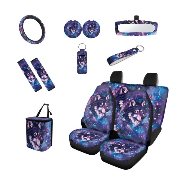 Jeiento Wolf Car Seat Cover Full Set of 13, Steering Wheel Cover Seatbelt Shoulder Pad Trash Can Auto Rear View Mirror Covers Coasters Keychain Galaxy Space Lipstick Covers Car Accessory