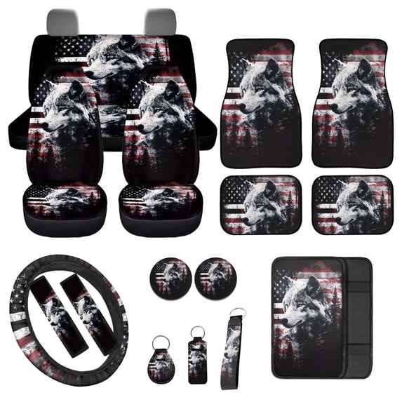 Jeiento Wolf Car Seat Cover Full Set Car Floor Mats Steering Wheel Cover USA Flag Seatbelt Pad Armrest Cover Coaster Keychains Chapstick Holder 17 Pack Auto Interior Accessories Fit for Van Truck