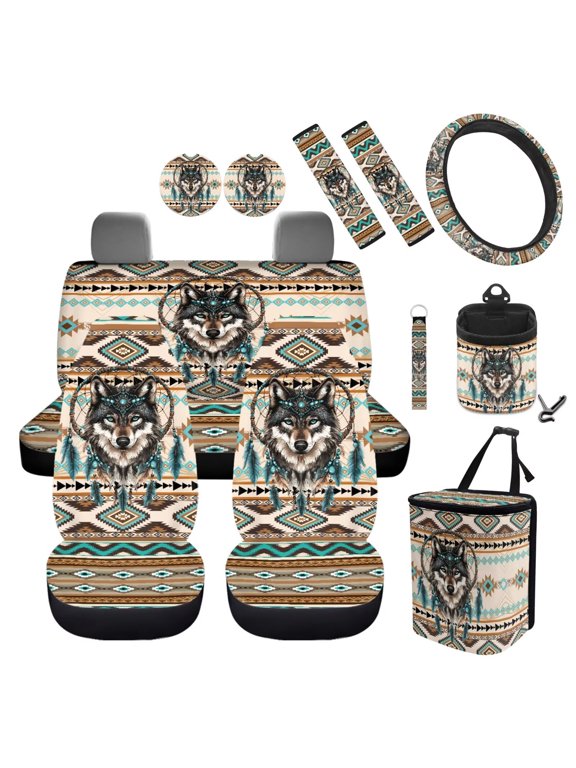 Wolf Car Seat Cover Set of 12 Steering Wheel Cover Seat Belt Pads Garbage Bag Southwest Aztec Air Vent Pocket Dreamcatcher Car Coasters Keychain Fit for SUV Truck Van Sedan