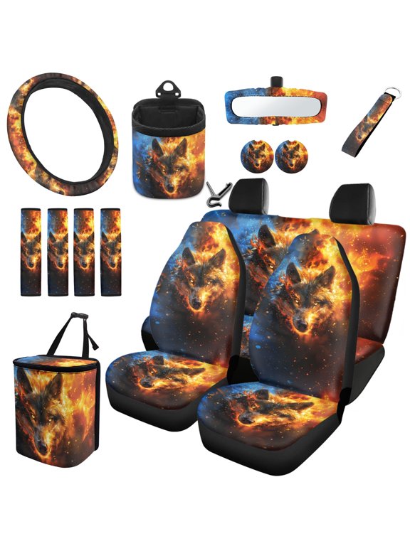 Wolf Car Seat Cover Set of 15 Steering Wheel Cover Seat Belt Covers Trash Bag Air Vent Holder Rear View Mirror Cover Cup Coasters Key Chain Auto Interior Accessories Abstract Fire