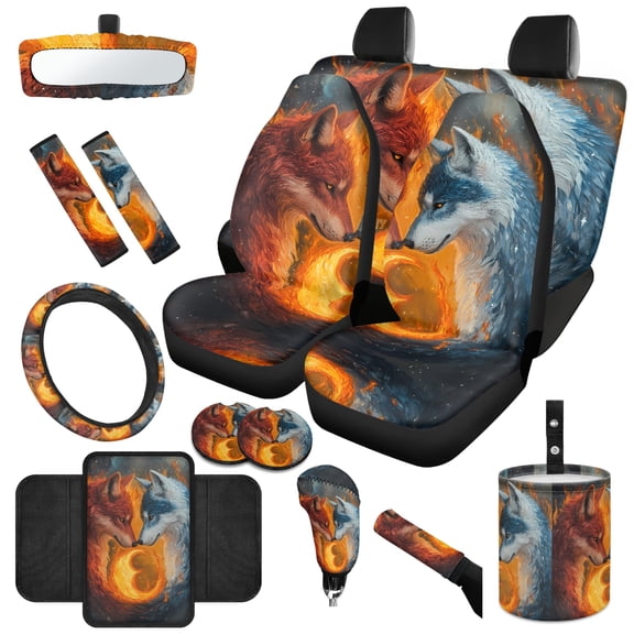Jeiento Wolf Car Seat Covers Front Back Seats Set of 14 Steering Wheel Cover Seatbelt Cushion Pad Trash Bin Armrest Cover Cushion Rearview Mirror Cover Gear Shift Knob Cover Set Cup Holder