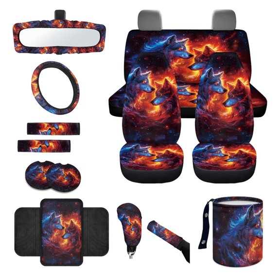 Jeiento Wolf Car Seat Covers Front Rear Full Set Steering Wheel Cover Seat Belt Pads Coasters Waste Bin Abstract Fire Armrest Cover Cup Holders Rearview Mirror Cover Handbrake Cover Set, 14 PCS