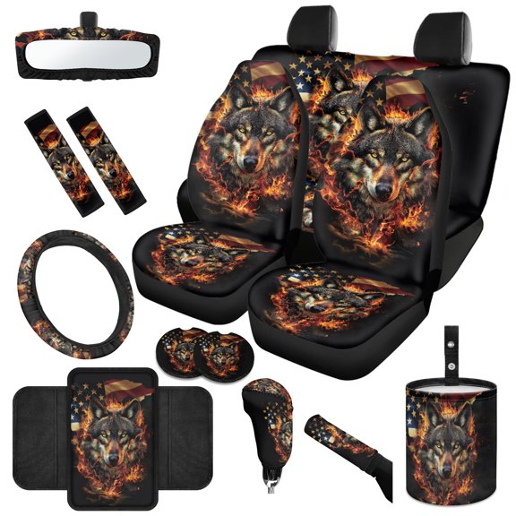 Jeiento Wolf Car Seat Covers Front Rear Full Set Steering Wheel Cover Seat Belt Pads Coasters Waste Bin Armrest Cover Cup Holders Rearview Mirror Cover American Flag Handbrake Cover Set, 14 PCS