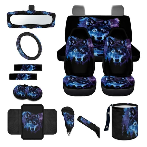 Jeiento Wolf Car Seat Covers Full Set of 14 Steering Wheel Cover Car Trash Bin Galaxy Car Seat Belt Cover Cup Holder Car Armrest Cover Handbrake Cover Rearview Mirror Cover Fit for SUV Van Truck