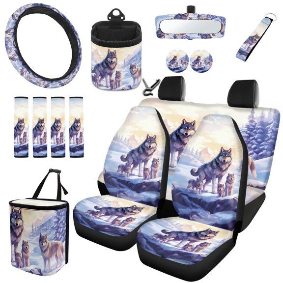Jeiento Wolf Family 15 Piece Car Seat Covers Full Set Steering Wheel Cover Auto Safe Belt Pads Cow Print Cup Coasters Garbage Can Rear View Mirror Cover Keychains Car Vent Organizer
