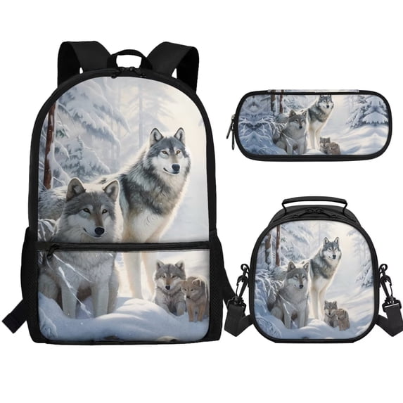 Jeiento Wolf Family Backpack with Lunch Box Kids Boys 6-8/5-7 Elementary School Bookbags for 1st Grade Preppy 3-in-1 Primary Back Pack and Lunch Bag Pencil Case 17in Preschool Book Bags