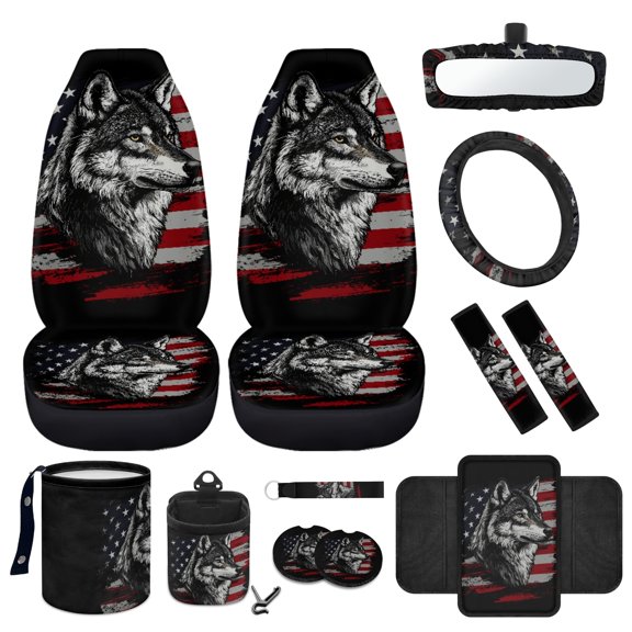 Jeiento Wolf Front Car Seat Covers Set, with American Flag Steering Wheel Cover Seat Belt Strap Cover Armrest Pad Trash Bag Mount Phone Holder Rearview Mirror Cover Cup Holder Key Chain, 12 PCS