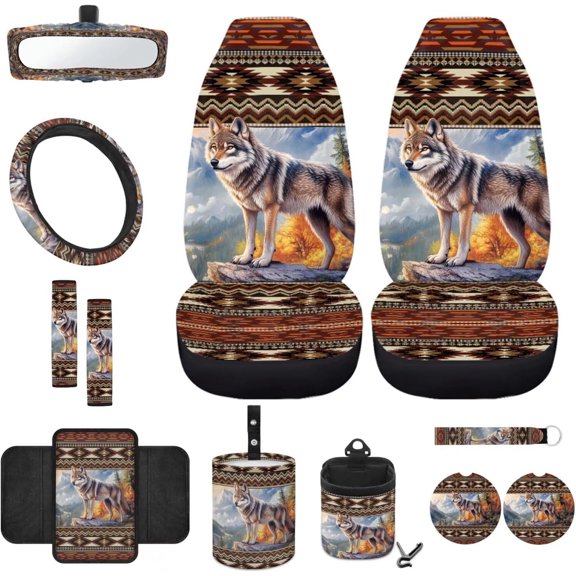 Jeiento Wolf Front Car Seat Covers Set with Car Steering Wheel Cover Seat Belt Cover Armrest Pad Trash Bag Mount Phone Holder Rearview Mirror Cover Coasters Keychain Southwest Aztec Tribal, 12pcs