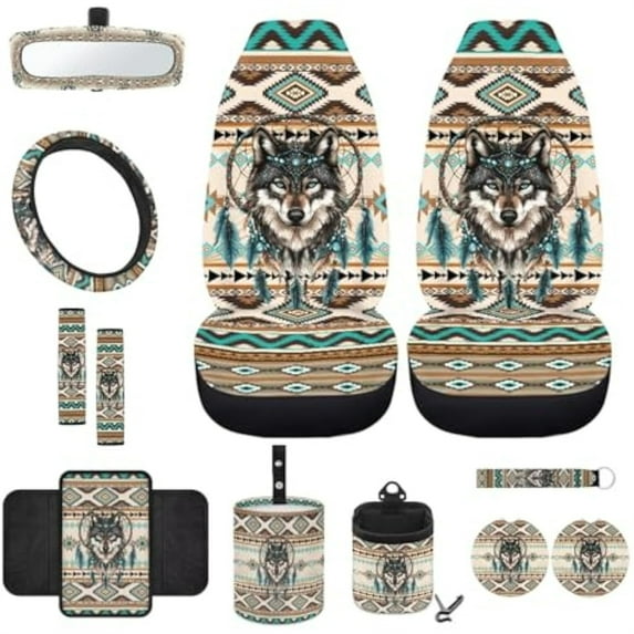 Jeiento Wolf Front Seat Covers Full Set with Steering Wheel Cover Safe Belt Pads Armrest Pad Coasters Garbage Can Rear View Mirror Cover Keychain Air Vent Storage Holder12 PCS Aztec Dream Catcher