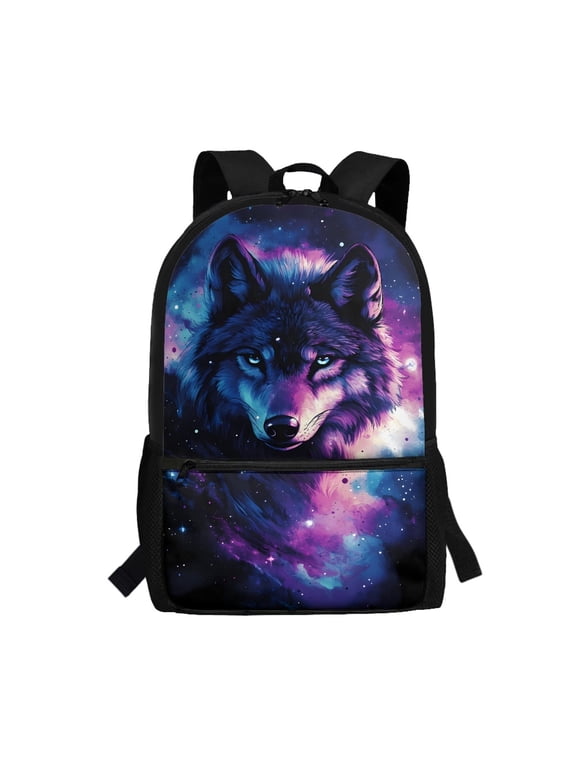 Wolf School Backpack for Boys 6-8 8-10 10-12 Elementary School Bags Satchel Kids Bookbags for 3rd/4th/5th Grade Back Pack Purse 17inch Daypack Galaxy Moon Night